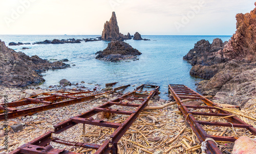 Rock formation, seascape in Almeria, National park of Cabo de Gata in Spain