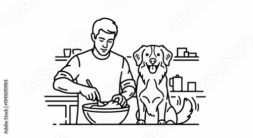 Person mixing food in bowl with dog looking on, kitchen background
