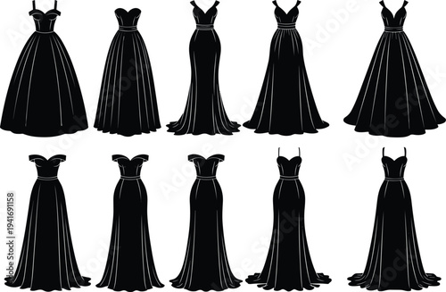 Assortment of black silhouette evening gowns with various necklines and silhouettes dress fashion