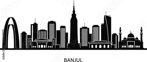 Banjul skyline silhouette with arch and mosque buildings on white background Gambia city