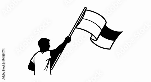Person raising flag, symbolic gesture, celebration, victory, event, movement