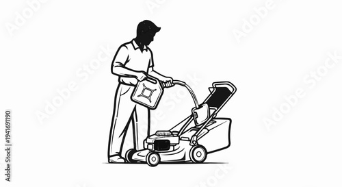 Person pouring fuel into a lawn mower