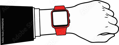 Person's wrist wearing a red smartwatch with a black suit sleeve
