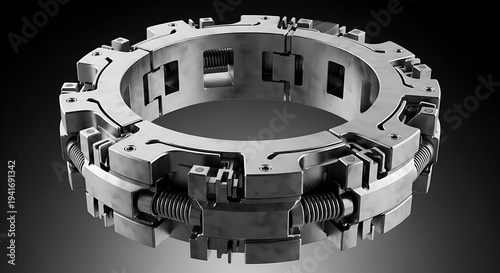  Highly complex silver metallic industrial ring assembly with integrated spring tensioners and mechanical locking pins for heavy-duty aerospace and automotive manufacturing equipment.