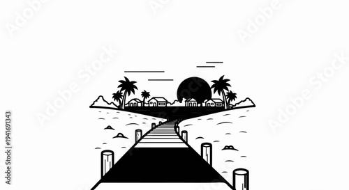 Pier leading to a tropical village at sunset with palm trees