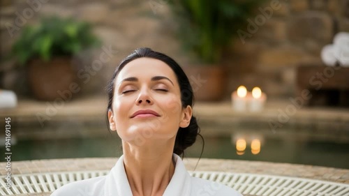 Serene brunette woman with closed eyes experiencing mindful hydrotherapy at a luxury thermal spa