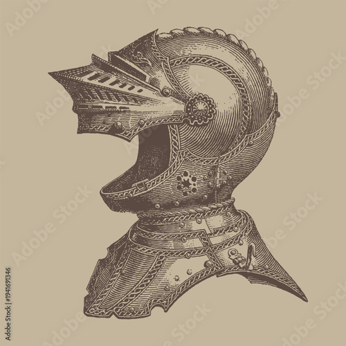 Vintage engraving of a knight's full helmet and gorget, medieval armor illustration