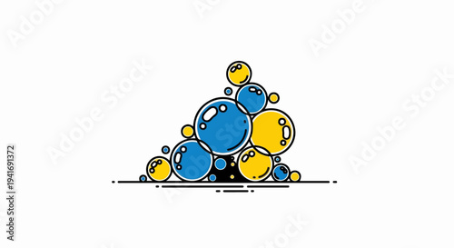 Pile of blue and yellow bubbles with a dashed line below