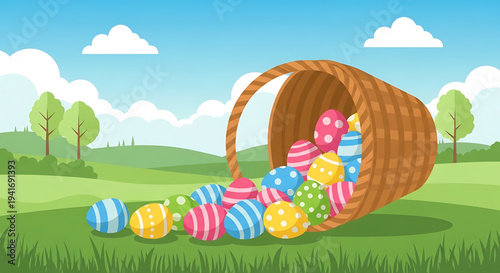 Easter eggs spilling from a basket onto a grassy field with trees and clouds
