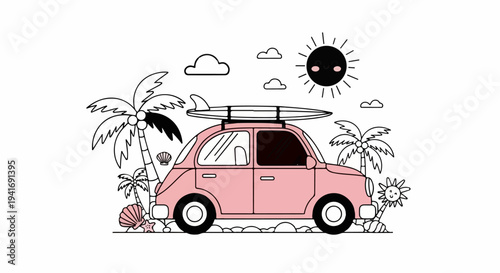Pink retro car with surfboard on roof at beach with palms, shells & sun