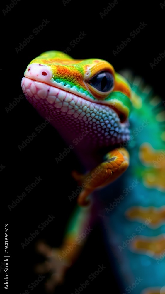 Fototapeta premium Vibrant Close-Up of a Colorful Lizard on Black Background