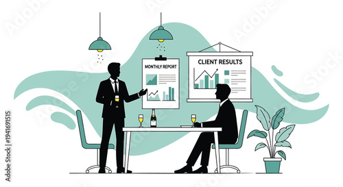 Vector illustration of two businessmen discussing client results in office