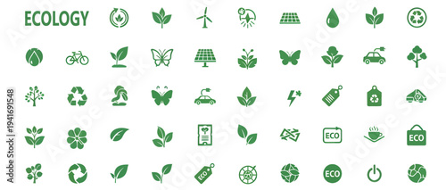 Set of 50 Green Ecology and Environment Vector Icons for Sustainable Living, Nature Conservation, and Eco-Friendly Design