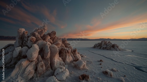 Surreal landscape of salt formations on a dry lake bed during a vibrant sunset at Badwater Basin Death Valley