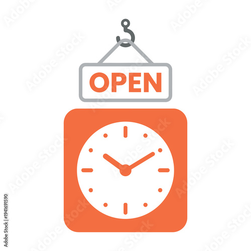 Orange clock with open sign hanging above on white background
