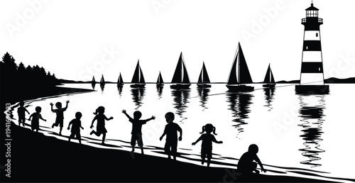 Children playing on a beach with sailboats and a lighthouse in the background shore sand