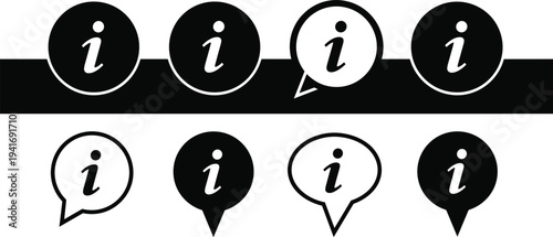 Collection of black and white information icons in circular and speech bubble shapes symbol sign