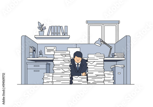 Overwhelmed Businessman Buried Under Stacks Of Paperwork In Cramped Office Cubicle With Desk Lamp And Bookshelf