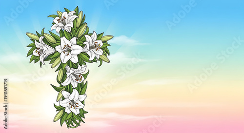 White Lilies Forming a Cross on a Sunrise Background for Easter Celebration