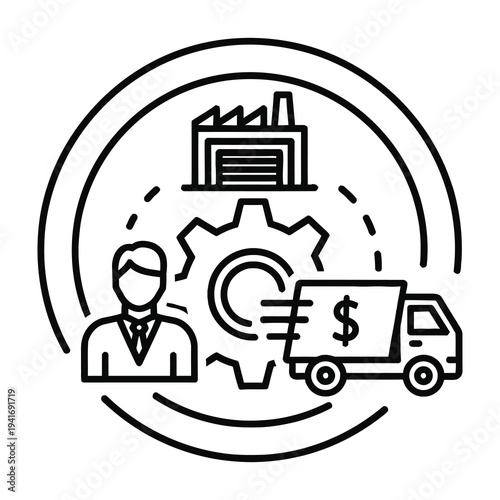 Businessman managing logistics and finance with truck and factory
