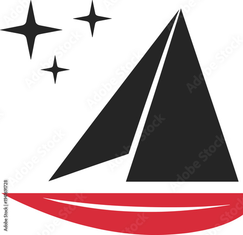 Minimalist sailboat logo with stars and wave abstract nautical travel ocean sailing adventure vector icon modern marine design