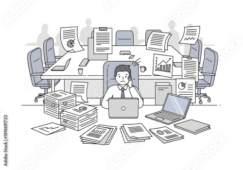Businessman Overwhelmed By Excessive Paperwork And Tasks In A Busy Meeting Room Environment With Charts And Graphs