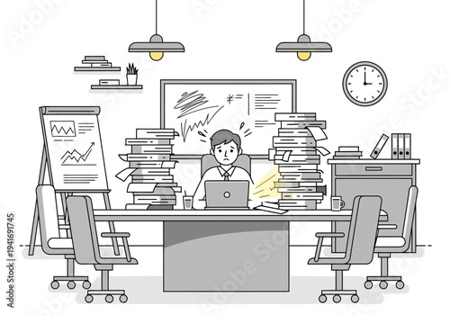 Overwhelmed professional drowning in stacks of paperwork and documents at a cluttered office desk with a laptop and charts ready for presentation