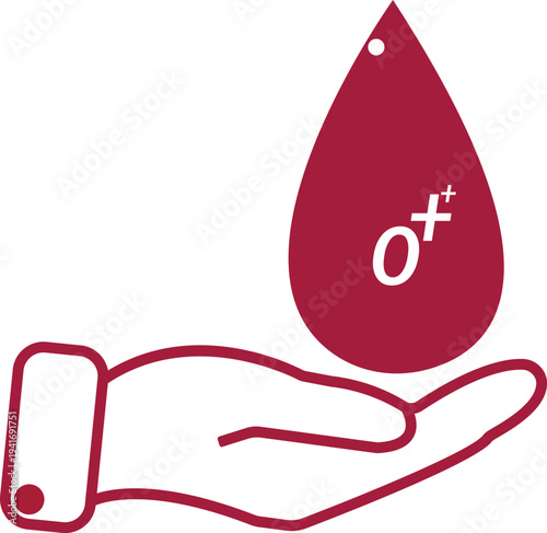 Simple line illustration of a hand holding a red blood drop with O positive symbol on a white background.