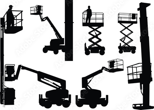 Aerial work platform and boom lift silhouettes set, construction workers using scissor lifts and elevated platforms for building maintenance isolated on light background