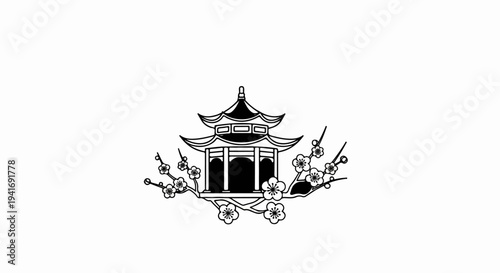 Ornate pagoda structure surrounded by delicate blooming branches