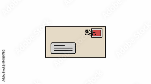 Beige Envelope with Red Stamp and Address Window Isolated on White Background