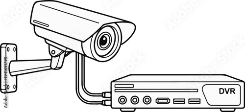 Line drawing of a CCTV camera and DVR system on a white background