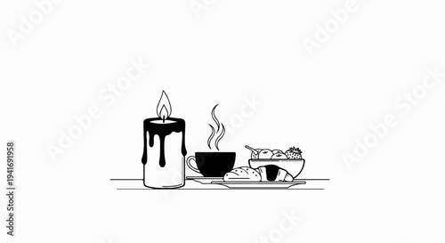 Lit candle with dripping wax, hot beverage, and fruit bowl with pastries