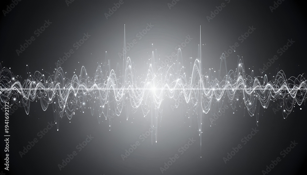 Fototapeta premium Dynamic sound wave visualization with glowing white lines and particles