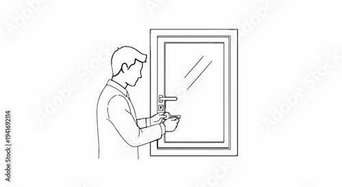 Man in shirt using key to unlock modern glass door