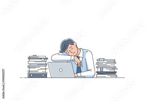 Tired Businessman Sleeping on Desk with Laptop and Paper Stacks Overworked Executive Taking a Nap at Office Business Illustration