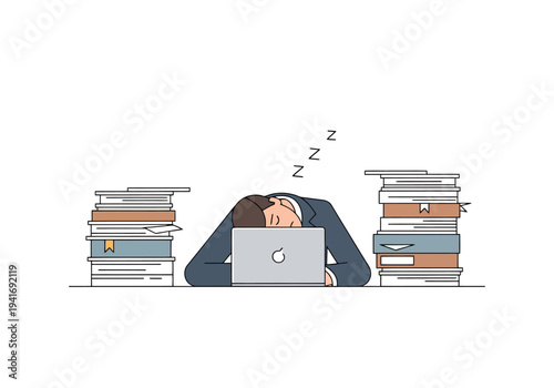 Exhausted Professional Asleep at Desk with Laptop Surrounded by Piles of Paperwork Depicting Overwork and Deadline Pressure in Business