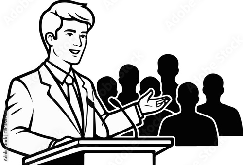 Man in suit speaking at podium to silhouetted audience