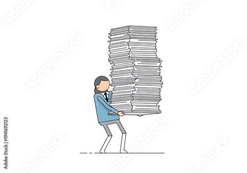 Cartoon Man Overwhelmed Carrying Tall Stack of Documents and Paperwork Representing Stress and Overload in Business and Corporate Workload