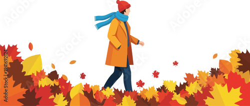 Woman walking through deep autumn leaves