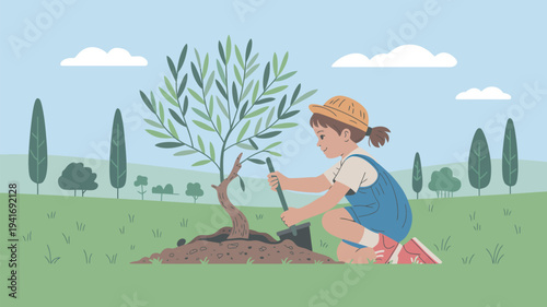 A young girl planting a tree in a green field on a sunny day with a blue sky