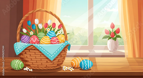 Beautiful Easter basket filled with colorful painted eggs and tulips sitting on a wooden table near a window with sunlight streaming in