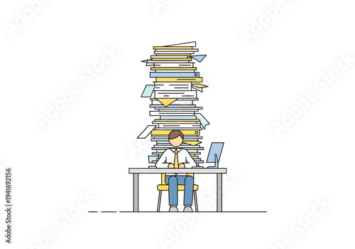 Illustrative Overwhelmed Man at Desk with Towering Paperwork Stack Cartoon Style Stress Productivity Efficiency Deadline Workload