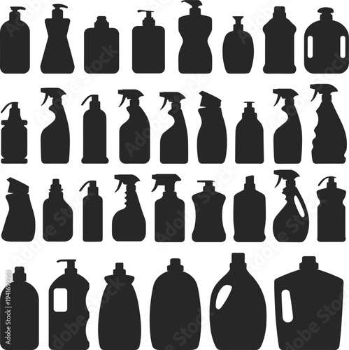 Cleaning spray and detergent bottle silhouette collection, household cleaning product containers set, plastic packaging shapes for sanitizer, soap, disinfectant isolated on light background