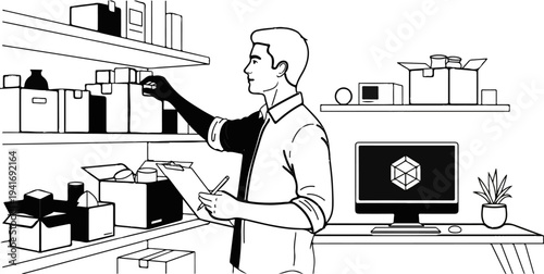 Man in warehouse, taking inventory from shelves with clipboard, computer nearby