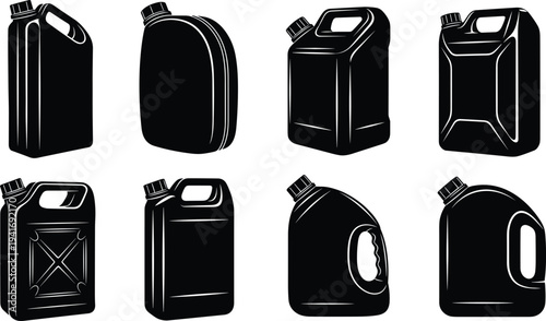Eight black silhouette jerry can and fuel container illustrations Keywords: jerry can, fuel, container, liquid, storage, black