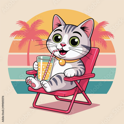 Cute cartoon cat relaxing on beach chair with tropical drink illustration summer vibes t-shirt design