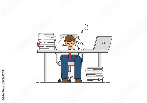 Exhausted Office Worker Leans on Desk After Long Day Working With Paperwork and Laptop in Minimalist Illustration Style Depicting Burnout