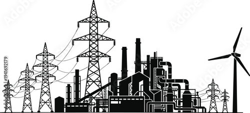 Industrial landscape with power lines and wind turbine silhouette industry electricity