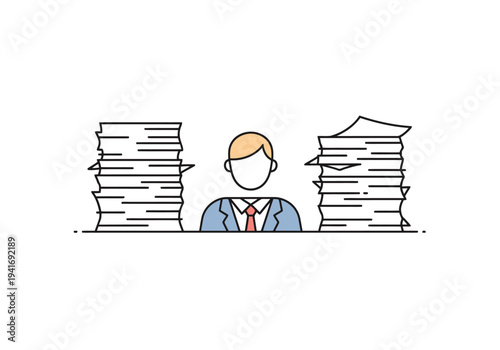 Businessman Overwhelmed by Paperwork Office Tasks Representing High Workload and Bureaucracy in Modern Business Environment Illustration
